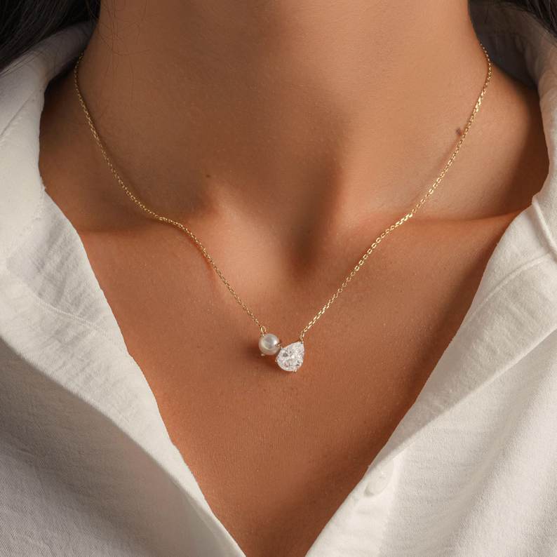 Minimalist Yellow Gold 925 Sterling Silver Diamond White Freshwater Pearl Pendant Necklace