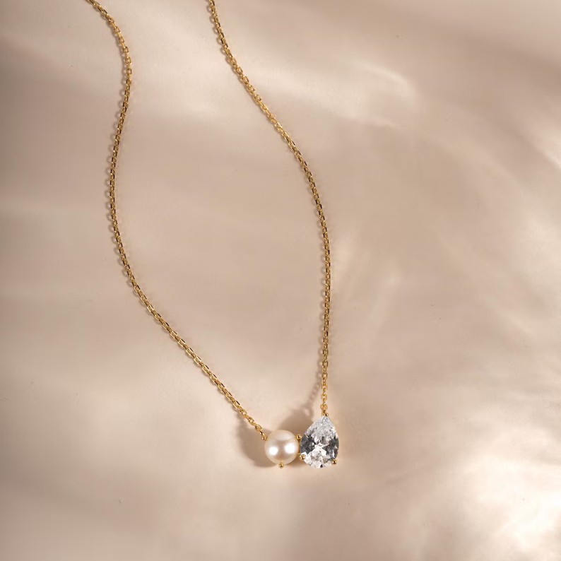 Minimalist Yellow Gold 925 Sterling Silver Diamond White Freshwater Pearl Pendant Necklace