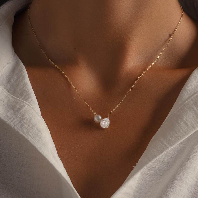 Minimalist Yellow Gold 925 Sterling Silver Diamond White Freshwater Pearl Pendant Necklace
