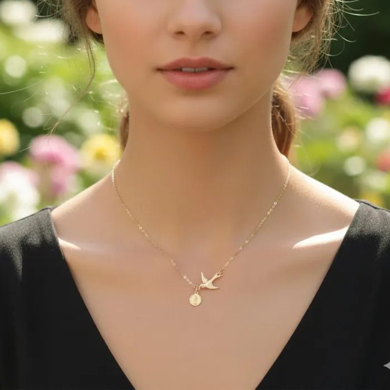 Unique Yellow Gold 925 Sterling Silver Virgin Mary Dove Bird Necklace