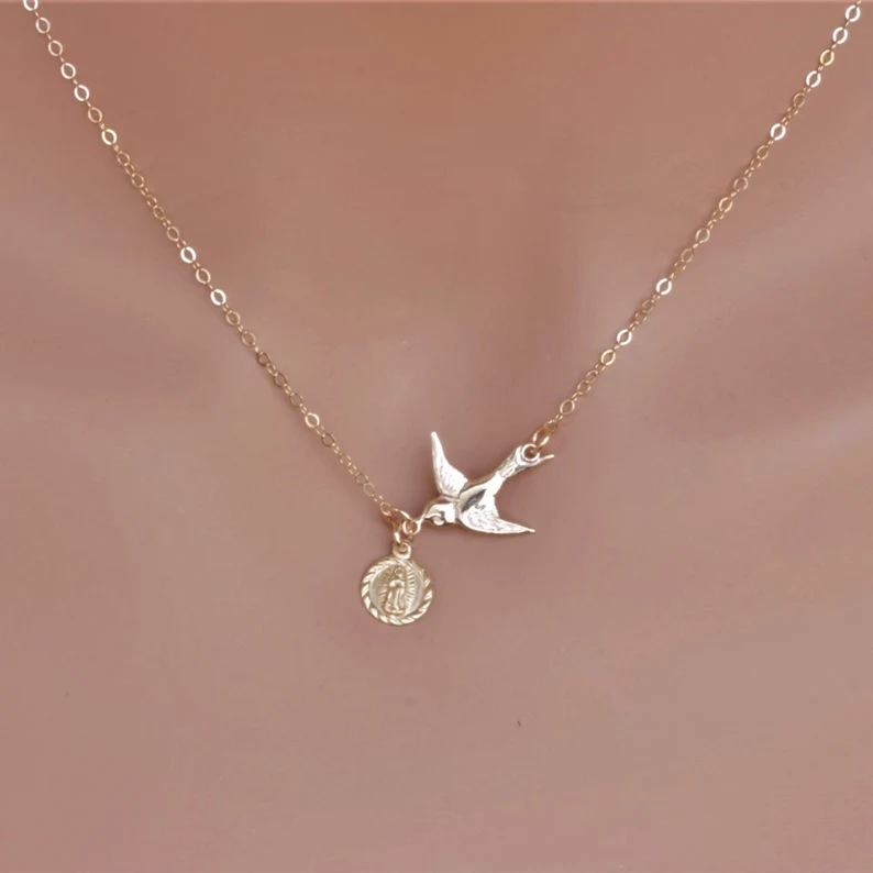 Unique Yellow Gold 925 Sterling Silver Virgin Mary Dove Bird Necklace