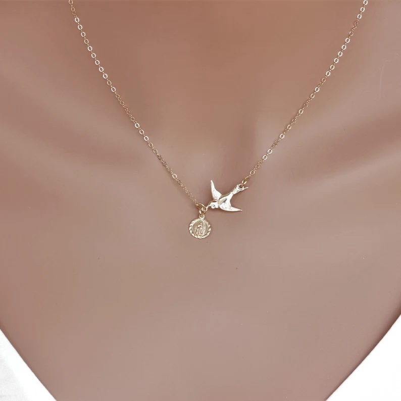 Unique Yellow Gold 925 Sterling Silver Virgin Mary Dove Bird Necklace