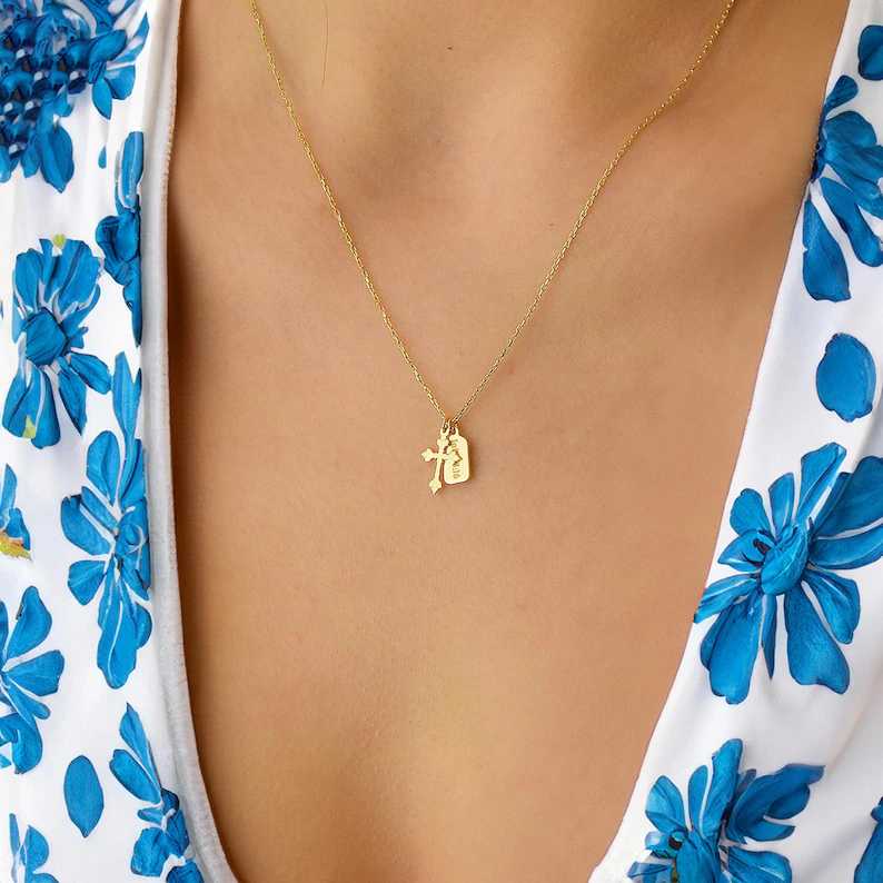 Personalized Yellow Gold 925 Sterling Silver Name Tag Cross Pendant Necklace