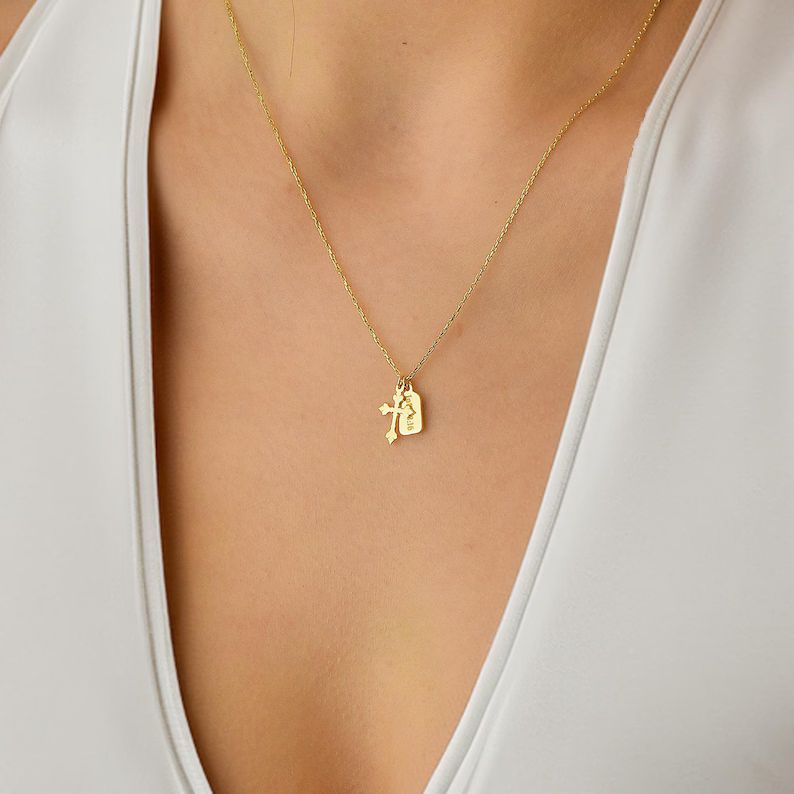 Personalized Yellow Gold 925 Sterling Silver Name Tag Cross Pendant Necklace