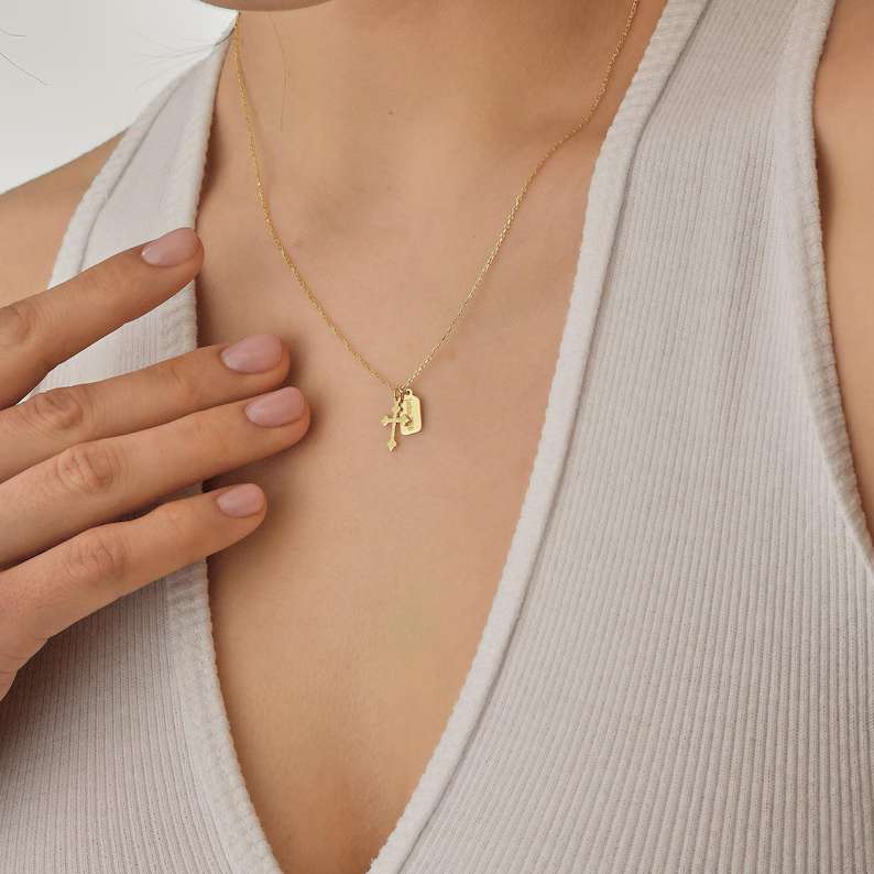 Personalized Yellow Gold 925 Sterling Silver Name Tag Cross Pendant Necklace