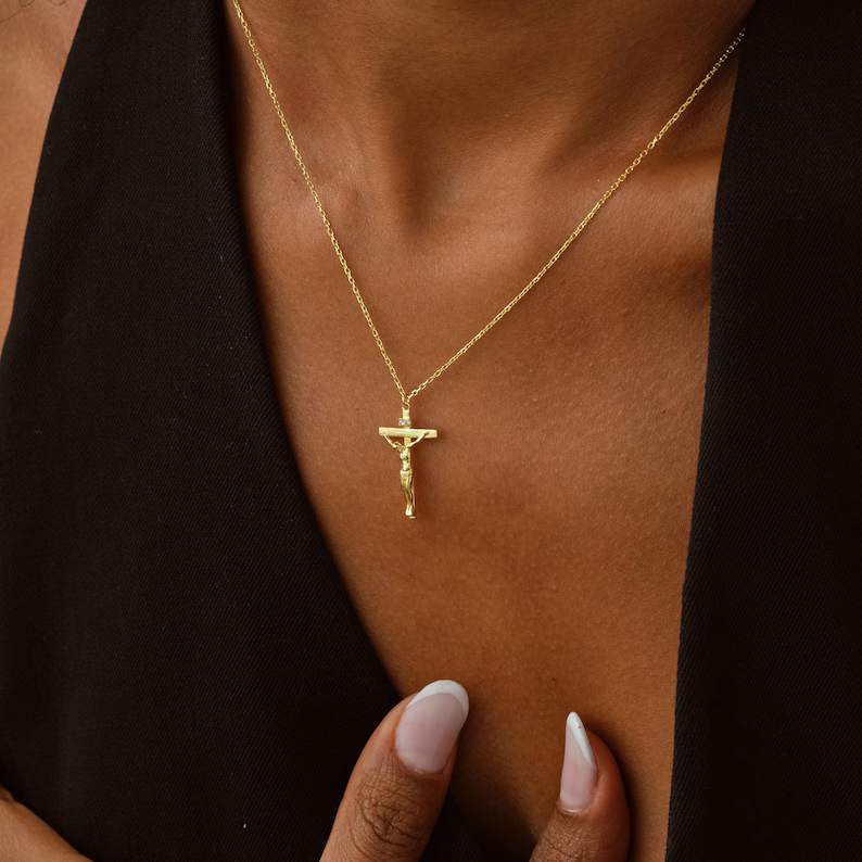 Minimalist 925 Sterling Silver Crucifix Necklace Christian Jewelry Gift for Women
