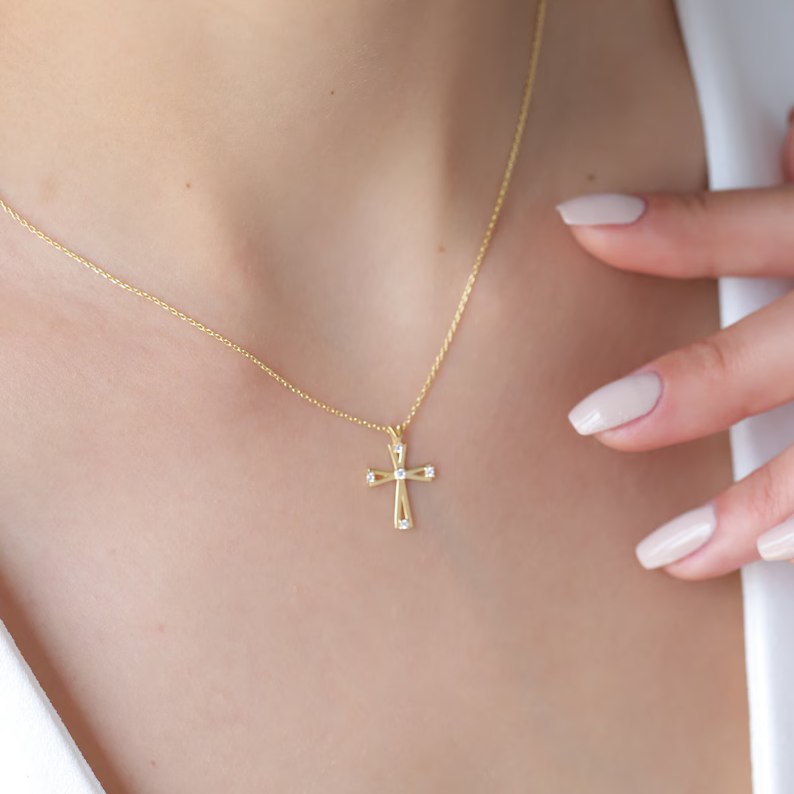 Modern 925 Sterling Silver Diamond White Cross Pendant Necklace