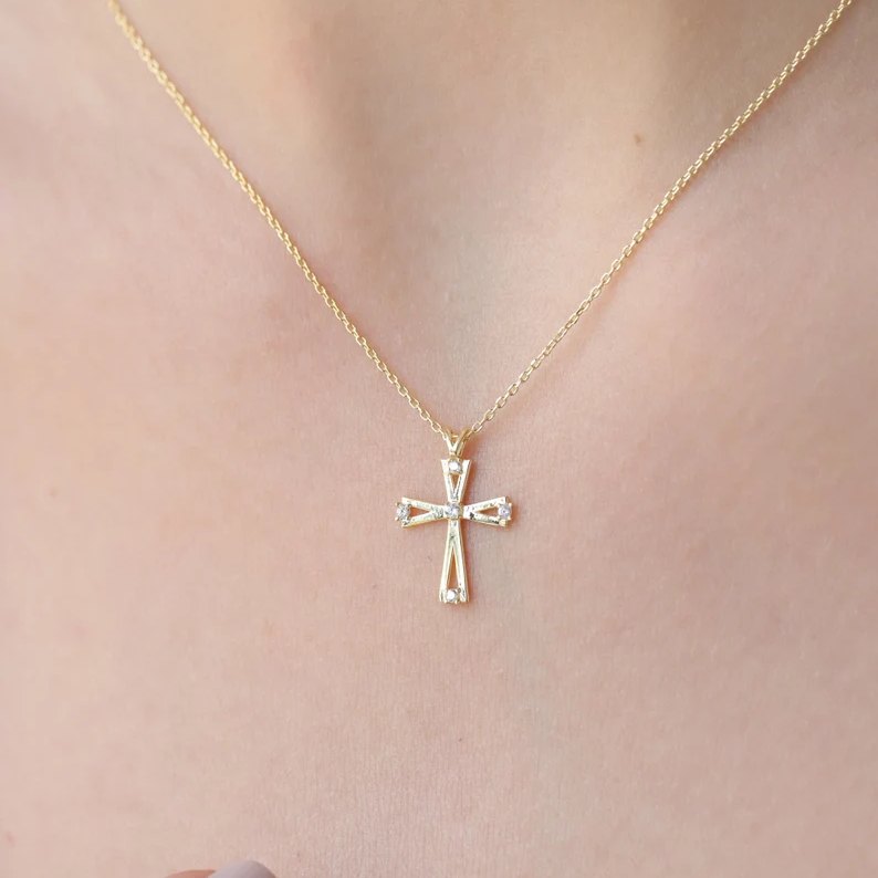 Modern 925 Sterling Silver Diamond White Cross Pendant Necklace