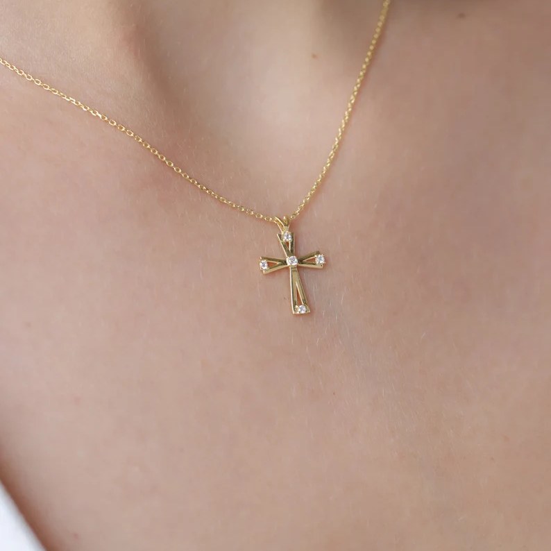 Modern 925 Sterling Silver Diamond White Cross Pendant Necklace