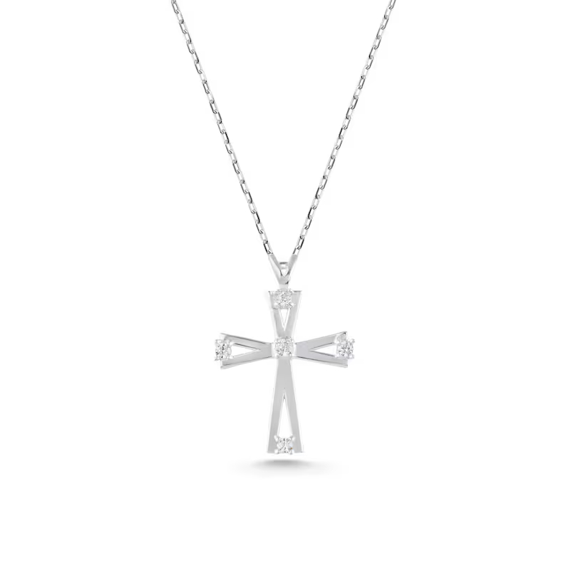 Modern 925 Sterling Silver Diamond White Cross Pendant Necklace