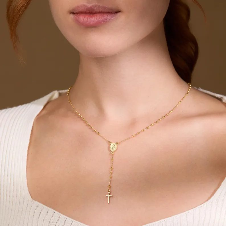 Religious Yellow Gold 925 Sterling Silver Rosary Beads Necklace Gift for Women