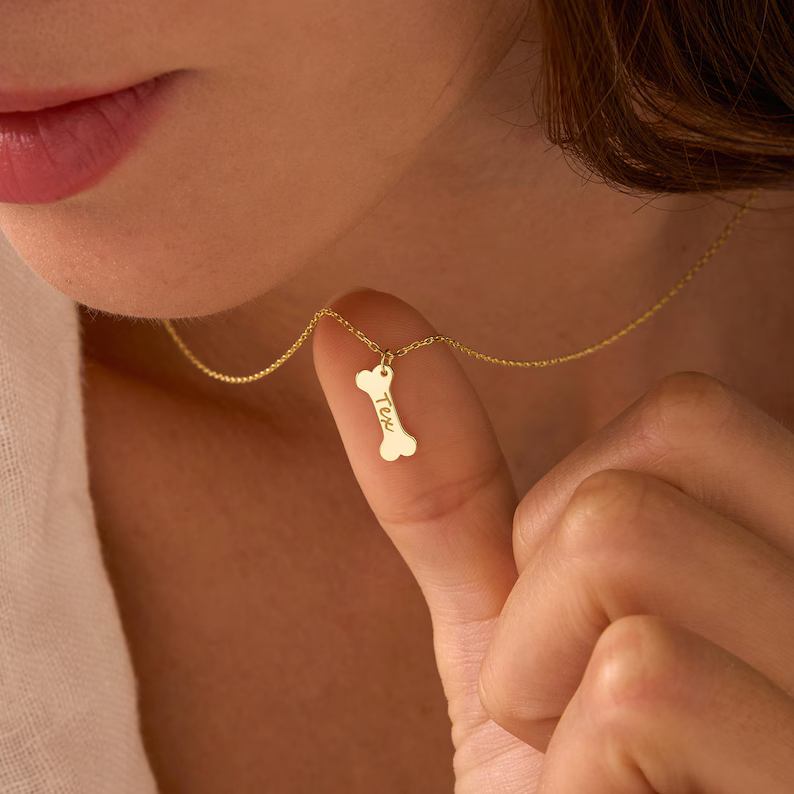 Personalized Yellow Gold 925 Sterling Silver Tiny Dog Name Pet Bone Charm Necklace