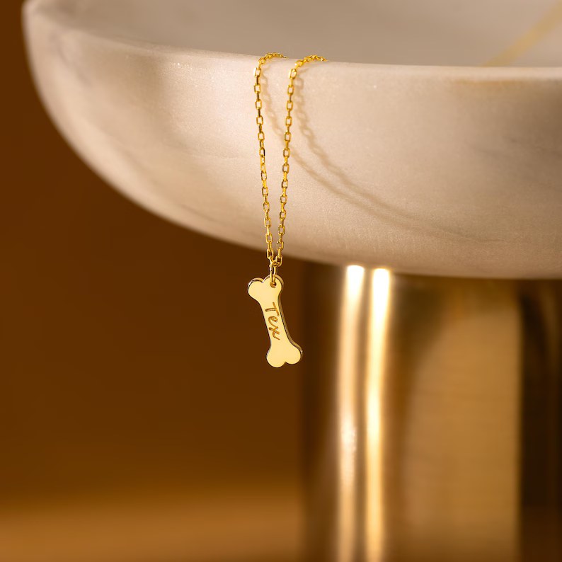Personalized Yellow Gold 925 Sterling Silver Tiny Dog Name Pet Bone Charm Necklace