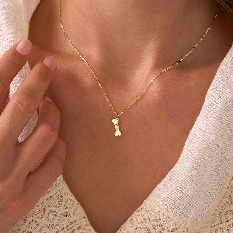 Personalized Yellow Gold 925 Sterling Silver Tiny Dog Name Pet Bone Charm Necklace