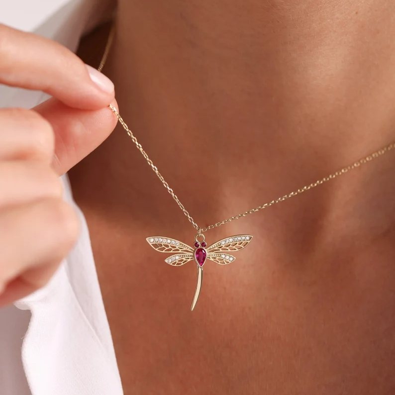 Personalized 925 Sterling Silver Dragonfly Pendant with Birthstone Necklace