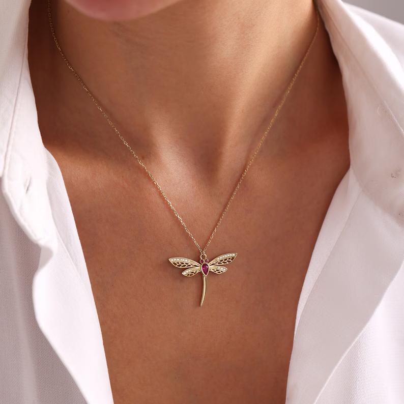 Personalized 925 Sterling Silver Dragonfly Pendant with Birthstone Necklace