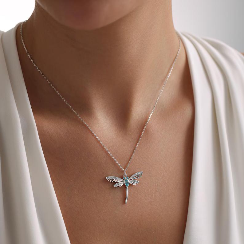 Personalized 925 Sterling Silver Dragonfly Pendant with Birthstone Necklace