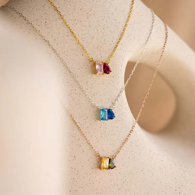 Minimalist 925 Sterling Silver Emerald & Pear Cut Birthstone Necklace Gift for Her