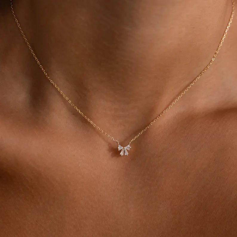 Minimalist Diamond White 925 Sterling Silver Bow Necklace 