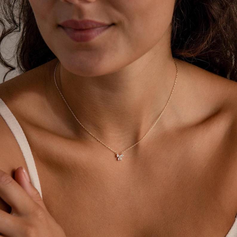 Minimalist Diamond White 925 Sterling Silver Bow Necklace 