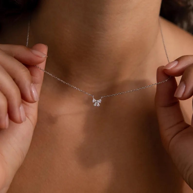Minimalist Diamond White 925 Sterling Silver Bow Necklace 