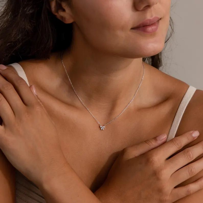 Minimalist Diamond White 925 Sterling Silver Bow Necklace 