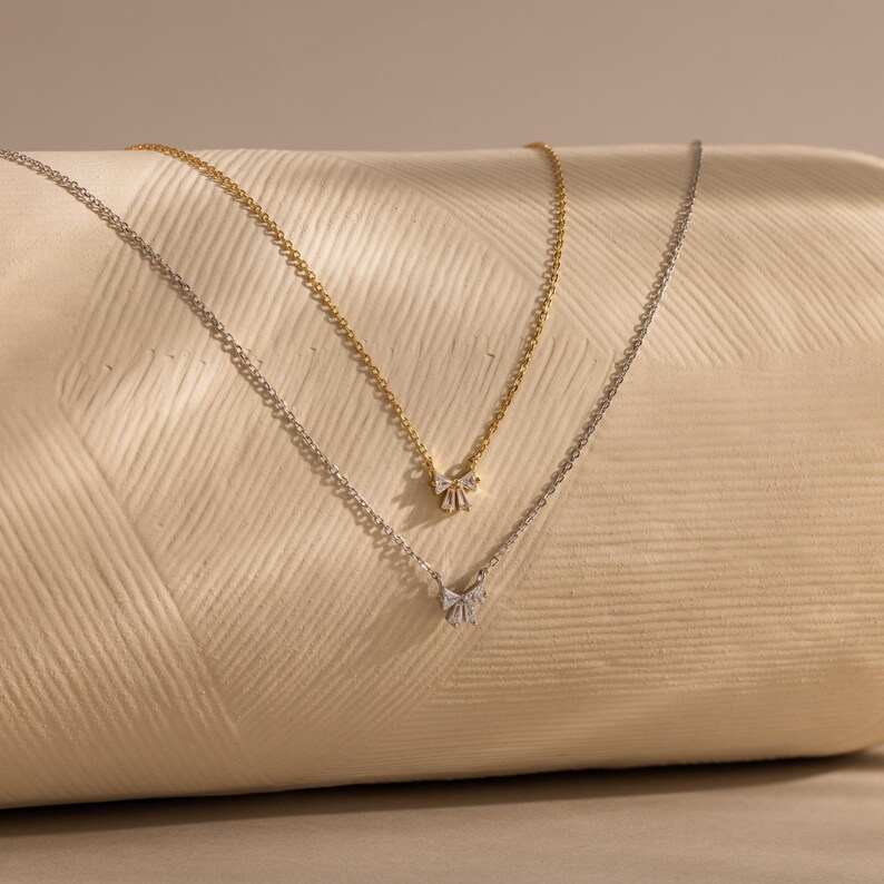 Minimalist Diamond White 925 Sterling Silver Bow Necklace 