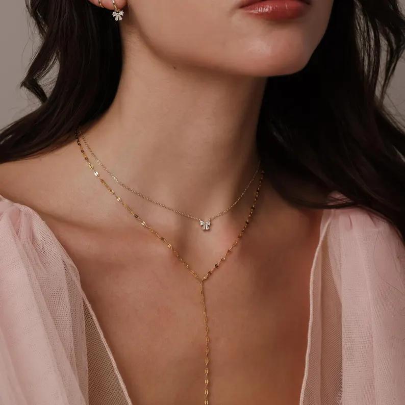 Minimalist Diamond White 925 Sterling Silver Bow Necklace 