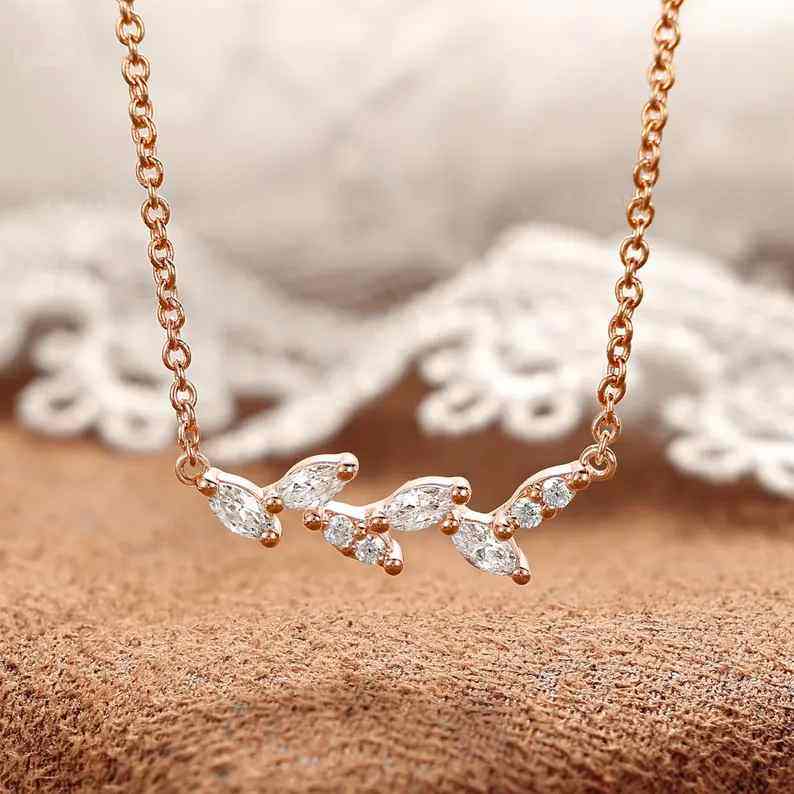 Minimalist Diamond White 925 Sterling Silver Branch Ivy Cluster Necklace 