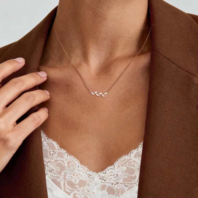 Minimalist Diamond White 925 Sterling Silver Branch Ivy Cluster Necklace 