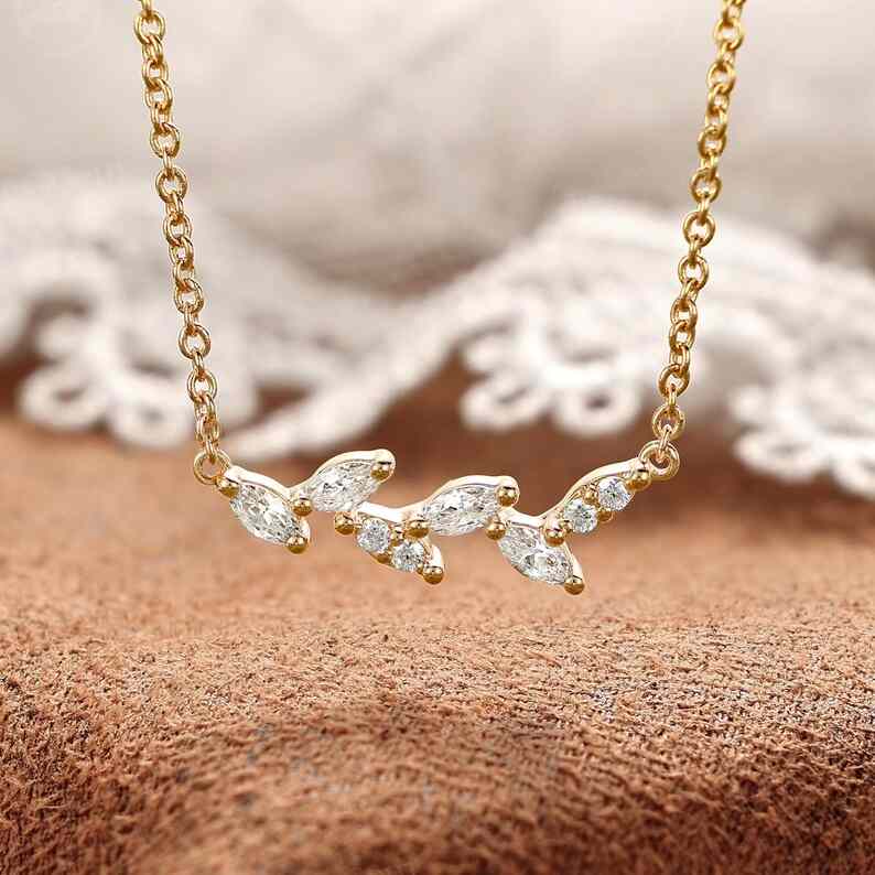 Minimalist Diamond White 925 Sterling Silver Branch Ivy Cluster Necklace 