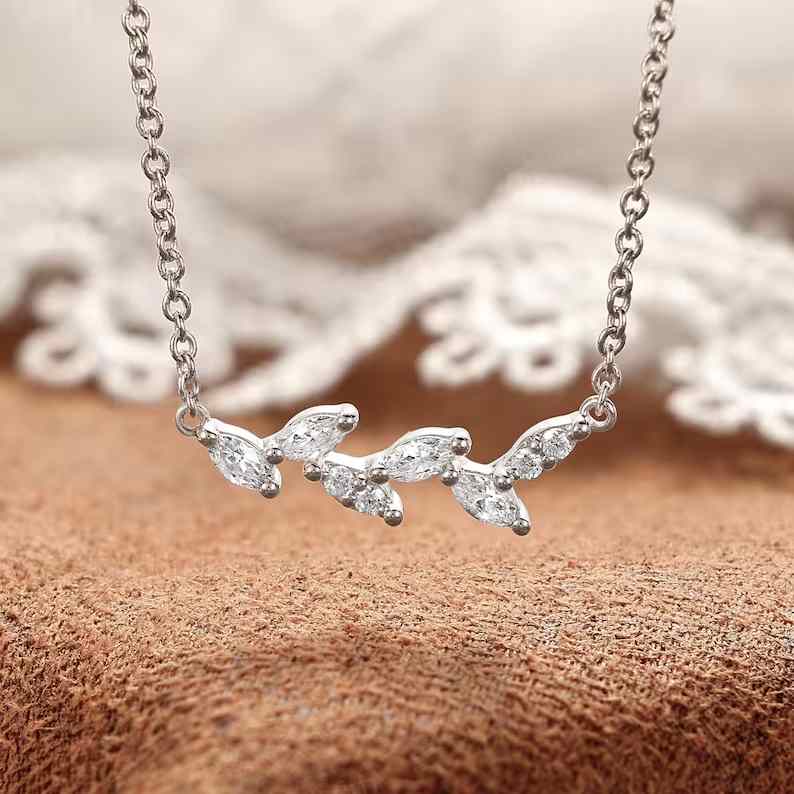 Minimalist Diamond White 925 Sterling Silver Branch Ivy Cluster Necklace 