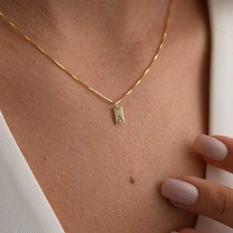 Minimalist Yellow Gold 925 Sterling Silver Initial Tag Necklace