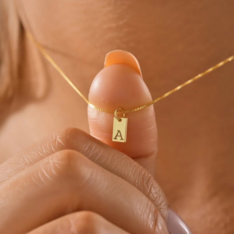 Minimalist Yellow Gold 925 Sterling Silver Initial Tag Necklace