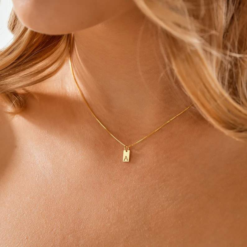 Minimalist Yellow Gold 925 Sterling Silver Initial Tag Necklace