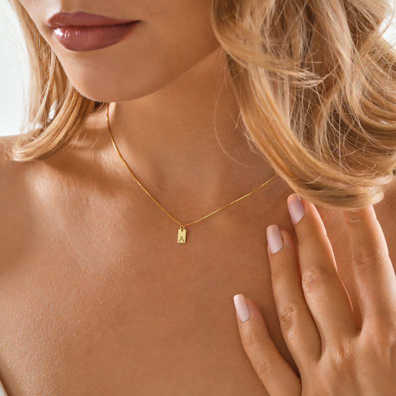 Minimalist Yellow Gold 925 Sterling Silver Initial Tag Necklace