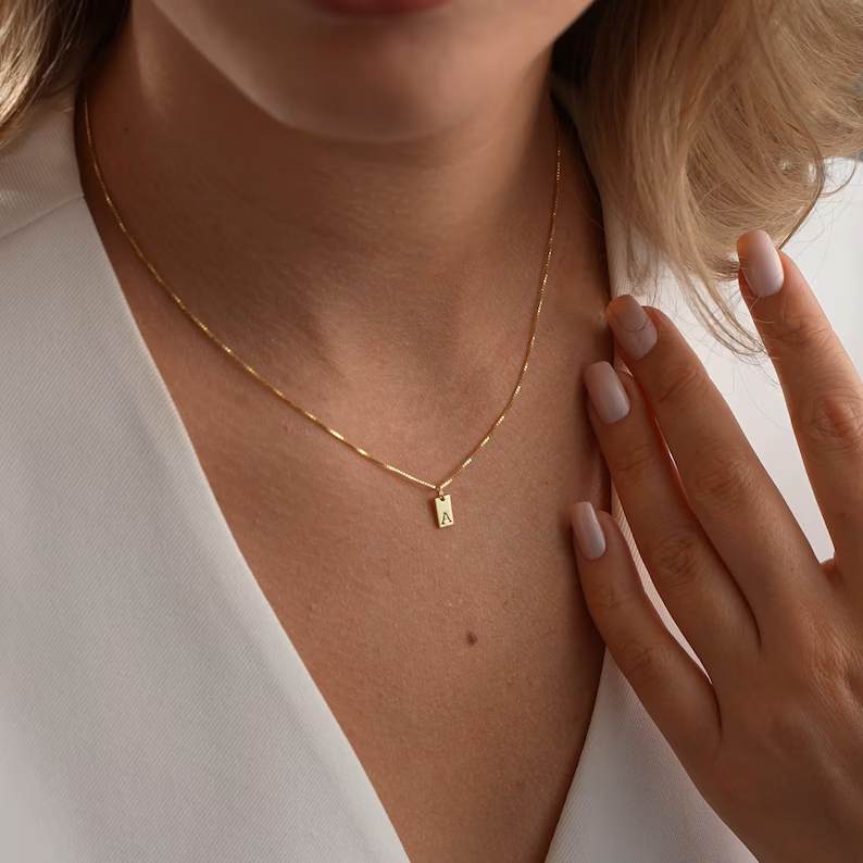 Minimalist Yellow Gold 925 Sterling Silver Initial Tag Necklace