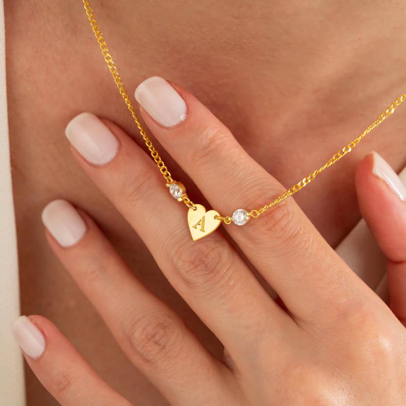 Minimalist Yellow Gold 925 Sterling Silver Initial Birthstone Necklace