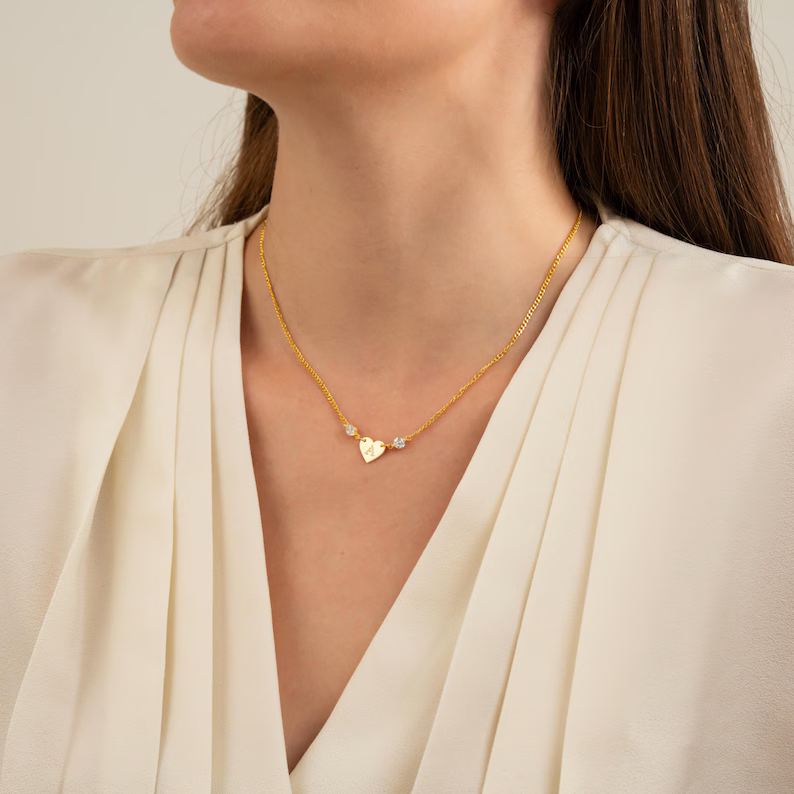 Minimalist Yellow Gold 925 Sterling Silver Initial Birthstone Necklace
