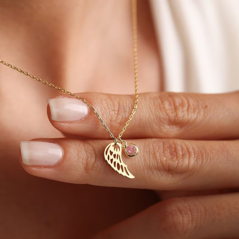 Personalized Yellow Gold 925 Sterling Silver Angel Wing Birthstone Memorial Necklace 