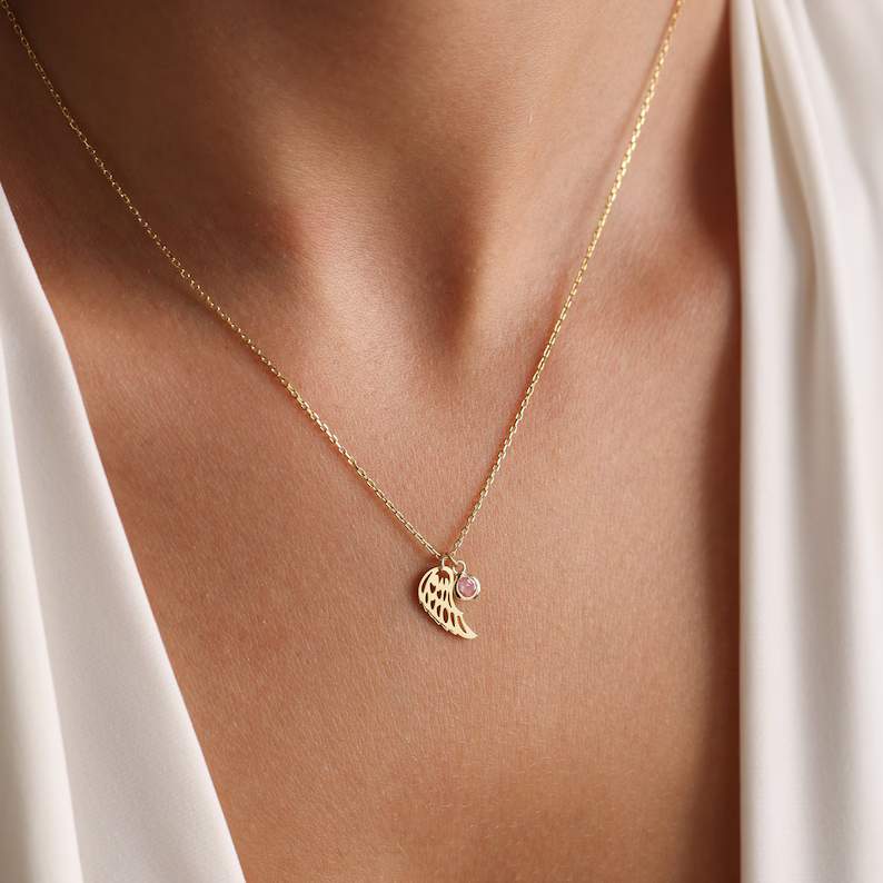 Personalized Yellow Gold 925 Sterling Silver Angel Wing Birthstone Memorial Necklace 