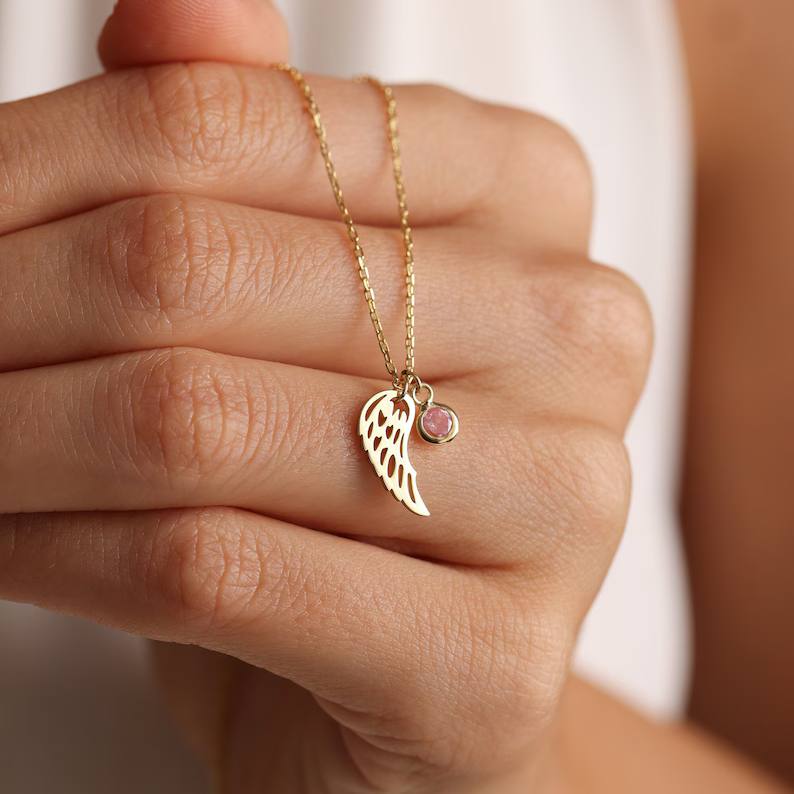 Personalized Yellow Gold 925 Sterling Silver Angel Wing Birthstone Memorial Necklace 