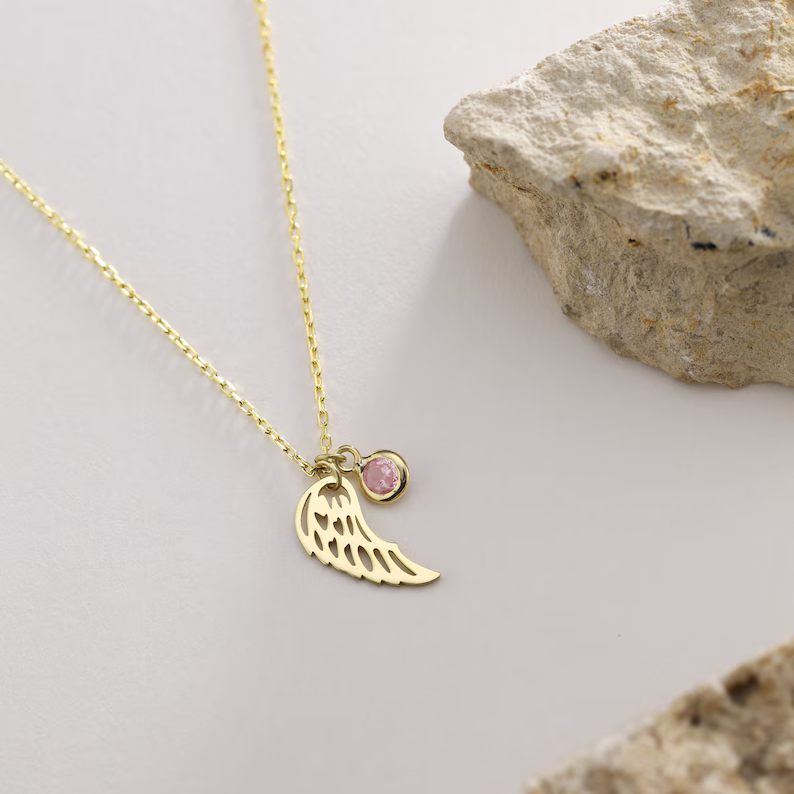 Personalized Yellow Gold 925 Sterling Silver Angel Wing Birthstone Memorial Necklace 
