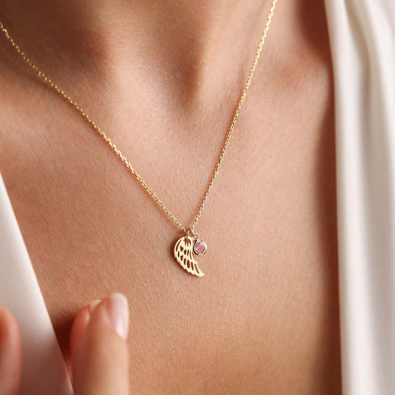 Personalized Yellow Gold 925 Sterling Silver Angel Wing Birthstone Memorial Necklace 