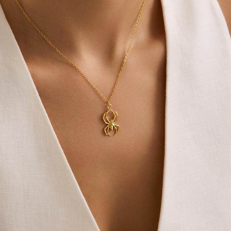 Minimalist Sterling Silver Yellow Gold Spider Pendant Necklace Halloween Gift 