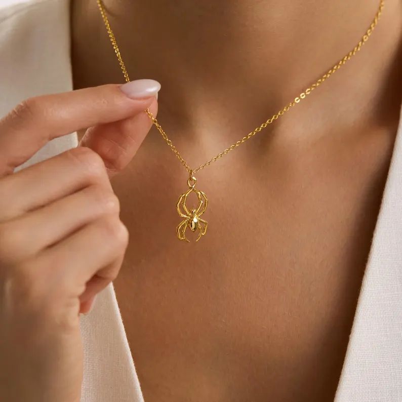 Minimalist Sterling Silver Yellow Gold Spider Pendant Necklace Halloween Gift 
