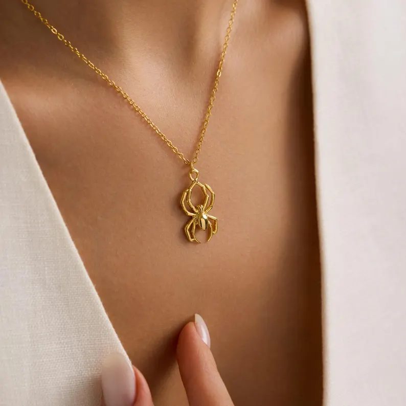 Minimalist Sterling Silver Yellow Gold Spider Pendant Necklace Halloween Gift 