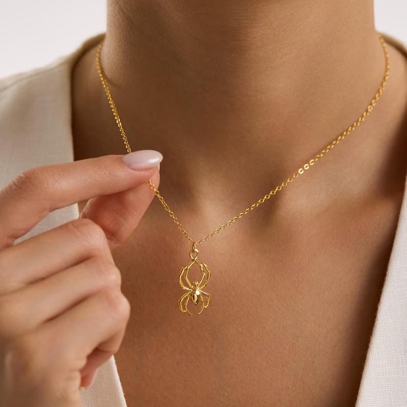 Minimalist Sterling Silver Yellow Gold Spider Pendant Necklace Halloween Gift 