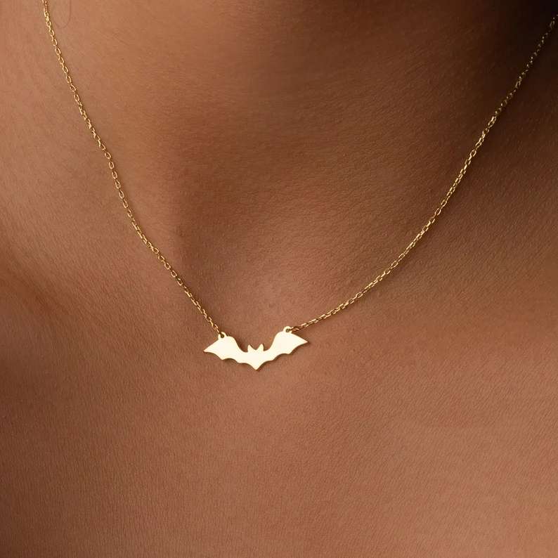 Minimalist Sterling Silver Yellow Gold Bat Pendant Necklace Halloween Gift 