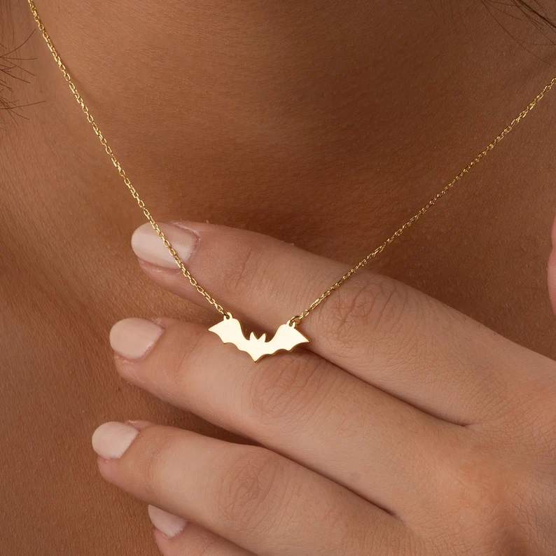 Minimalist Sterling Silver Yellow Gold Bat Pendant Necklace Halloween Gift 